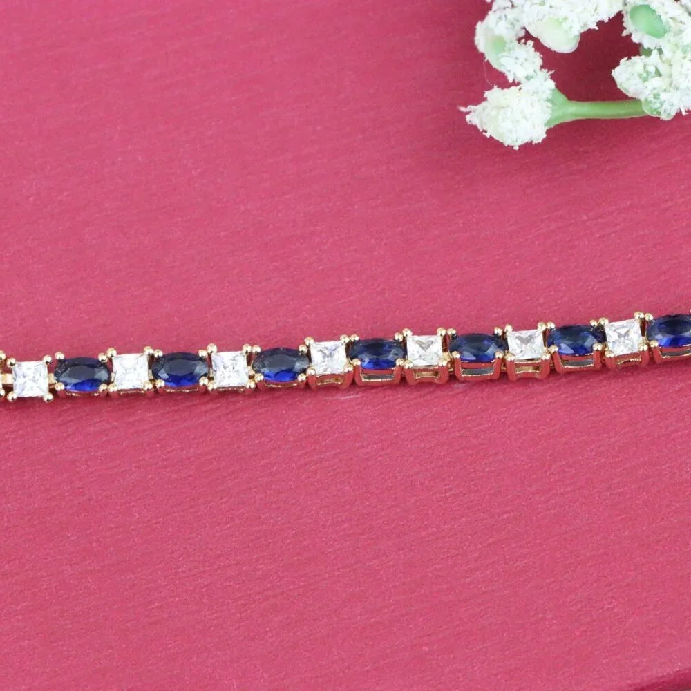 Rose Gold Bracelet with Blue & White Stones in Elegant Setting, XPBL0730